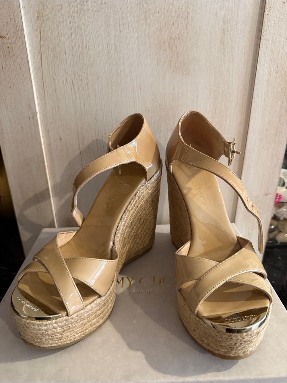 Jimmy Choo Beige Patent Espadrille Wedge Sandals